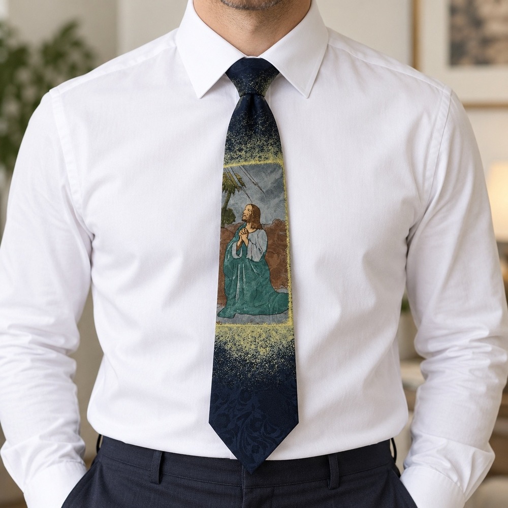Vintage Studio 890 Navy Jesus Praying Necktie 57" Handmade Religious Christian